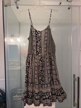 Black and White Printed Spaghetti-Strap Dress